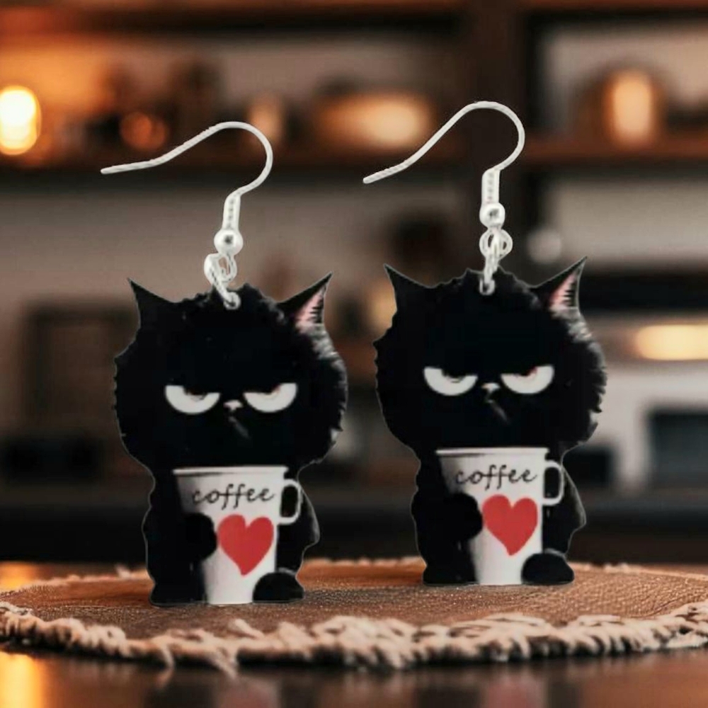 BETSEY JOHNSON Angry Black Cat Coffee Acrylic Earrings Nwot
